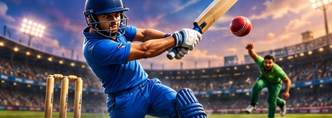 Illustration of a cricket batsman in a floodlit stadium