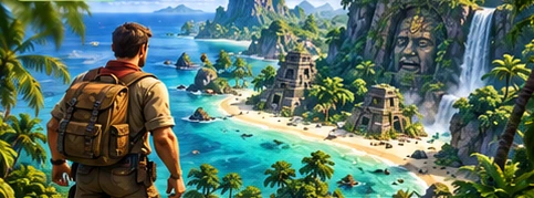 Illustration of an explorer overlooking a tropical island