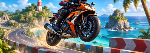 Illustration of a motorcycle jumping a coastal road barrier